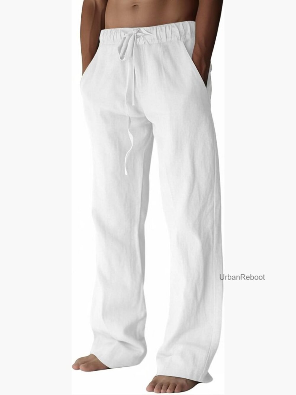 Mens Cotton Linen Pants Casual Loose Fit Drawstring Elastic Waist Summer Beach